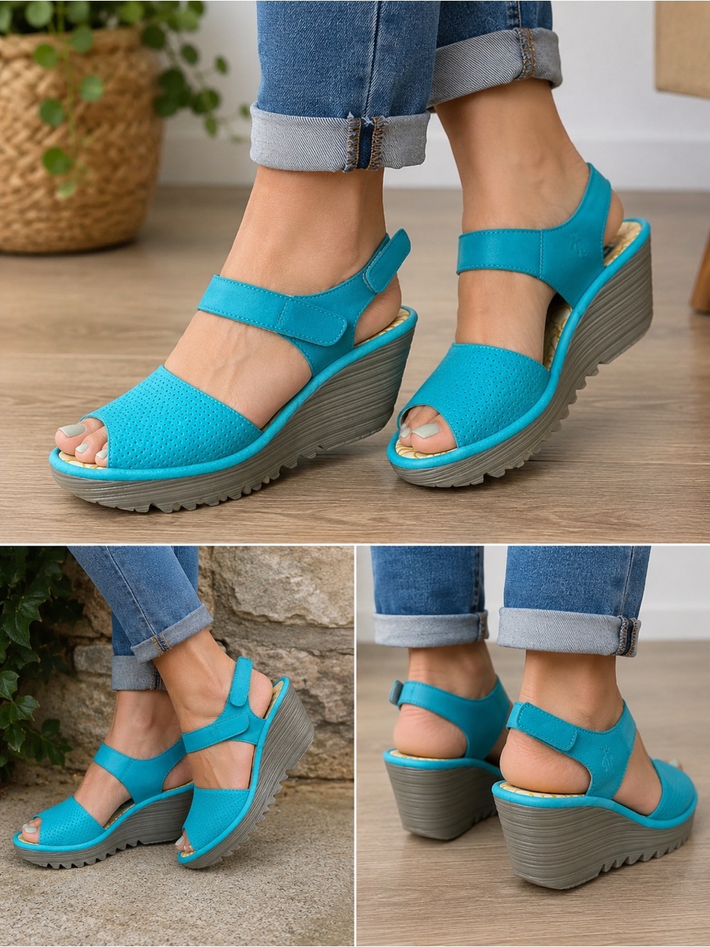 FLY London Yala Perf Turquoise Blue Leather Wedge Sandals Size 39 EU Slingback